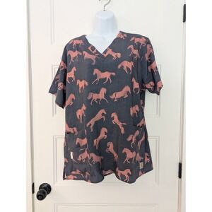Carhartt Womens Horse Print Scrub Top Gray Pink V-Neck Modern Fit Large C12114